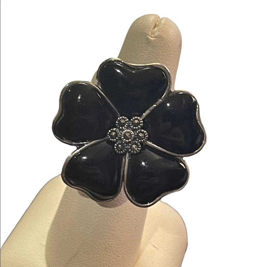 Black Onyx Flower Marcasite Sterling Silver 925 Large Ring